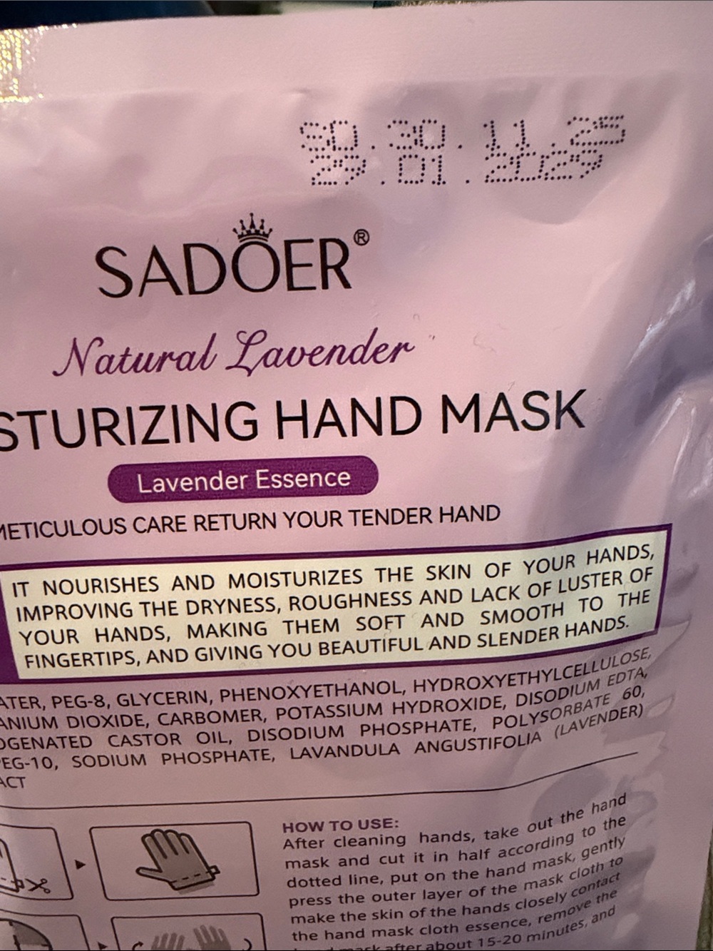 SADOER Natural Lavender Moisturizing Hand Mask Packets Set of 2 New - Picture 4 of 7